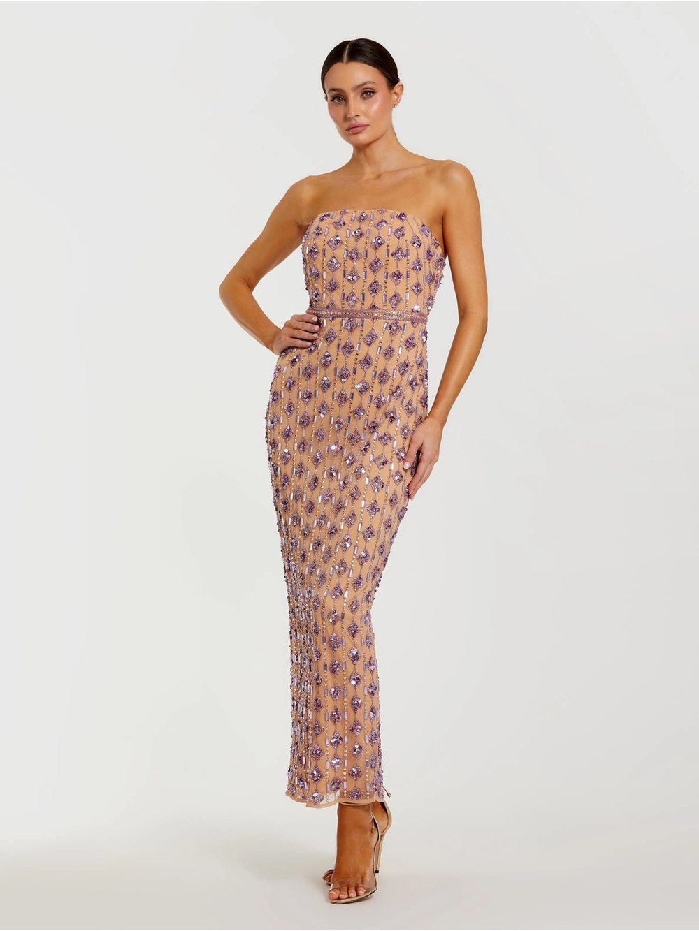 Mac Duggal 94293 Beige and Purple Beaded Strapless Column Dress Size 4 NWOT